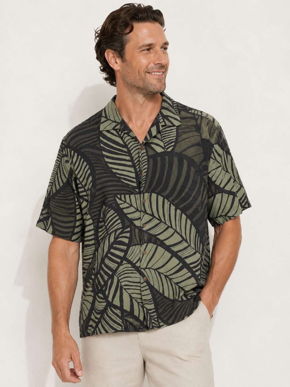 Tommy Bahama Gray‎ Green Silk Shirt Palm Leaf Print Tropical Short Sleeve L